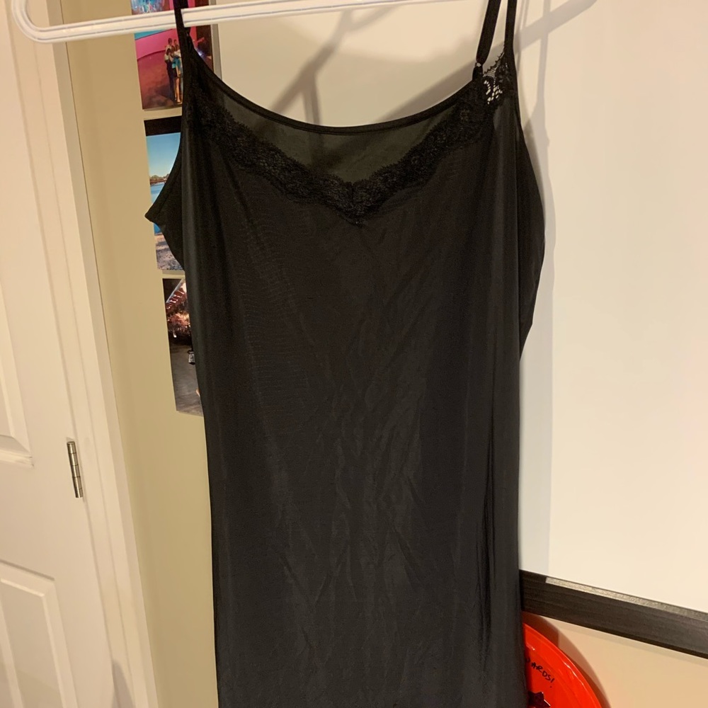 Black slip dress w lace neckline